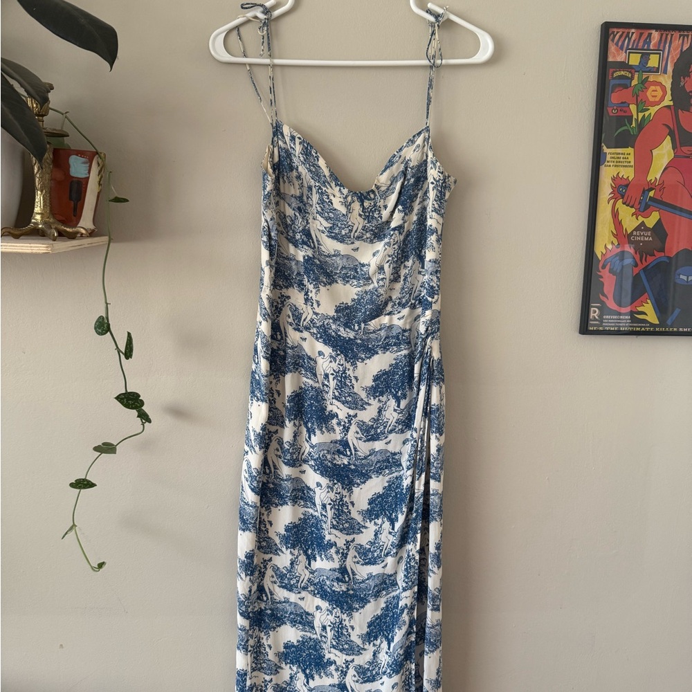 Reformation Strapless Blue and White Dress
